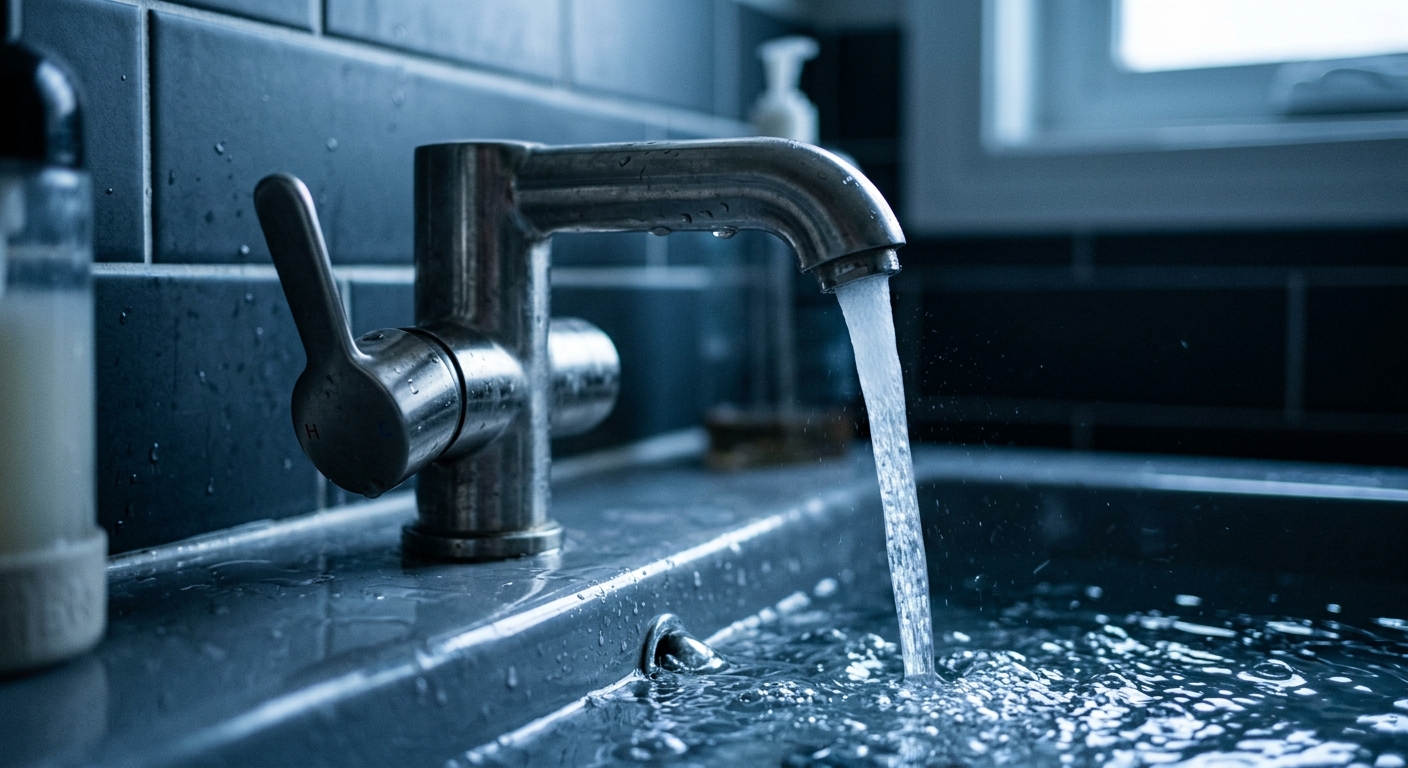 Eau ti&egrave;de coulant d'un robinet
