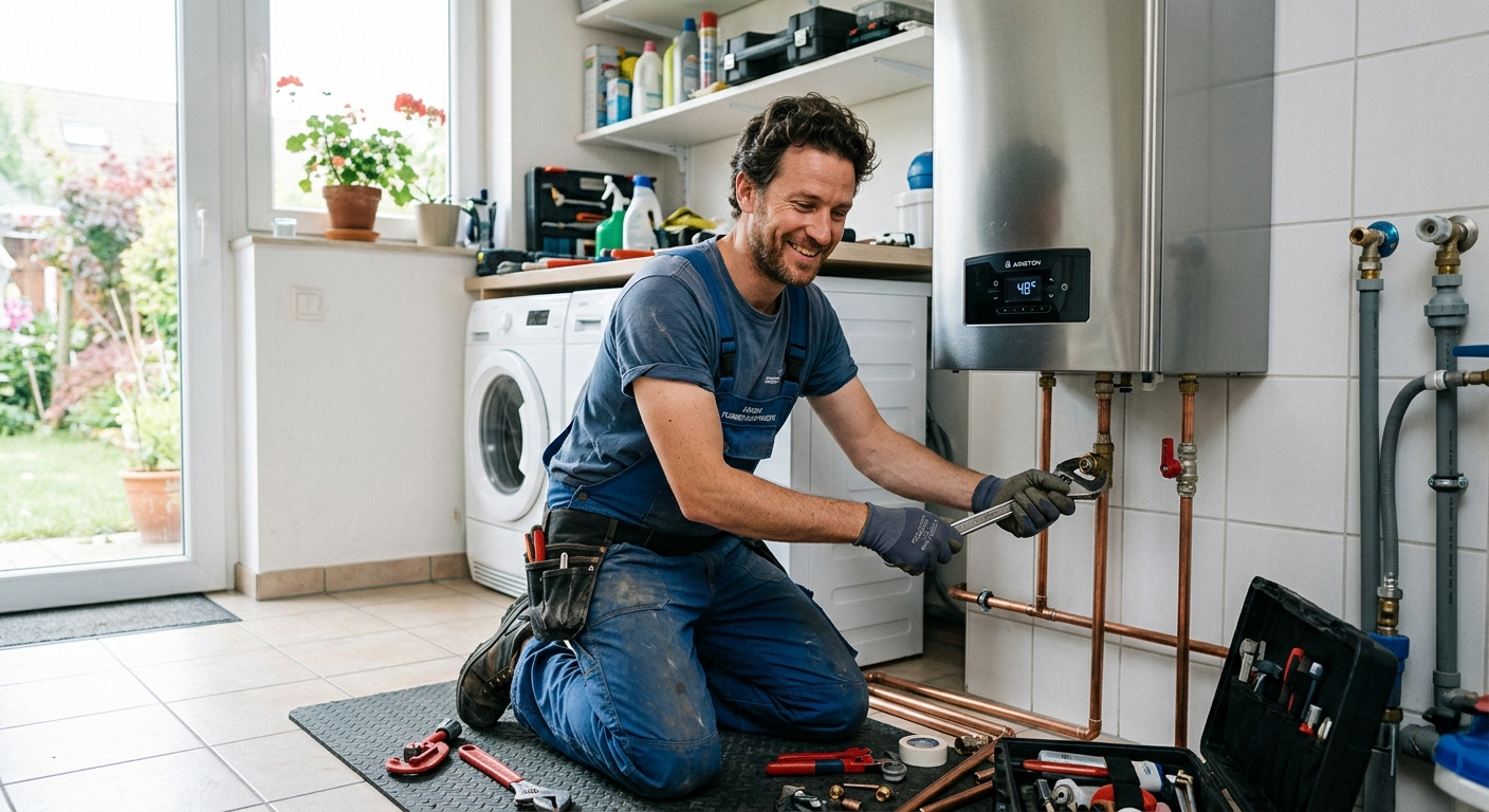 Artisan installateur posant un chauffe-eau moderne