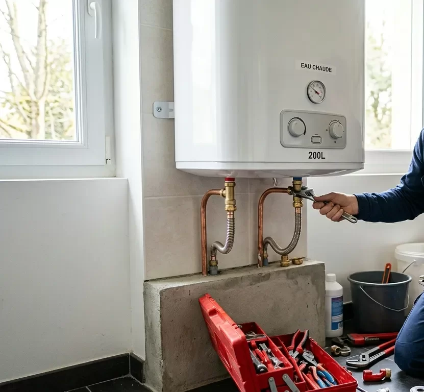 Artisan plombier sp&eacute;cialis&eacute; installant un chauffe-eau neuf