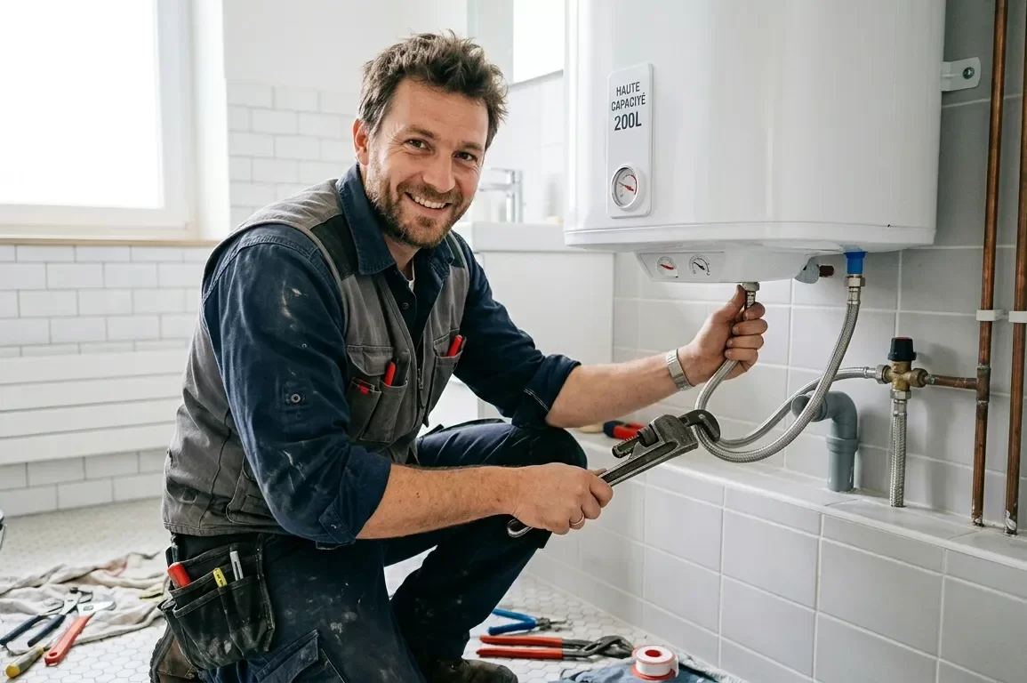Artisan plombier installant un chauffe-eau électrique