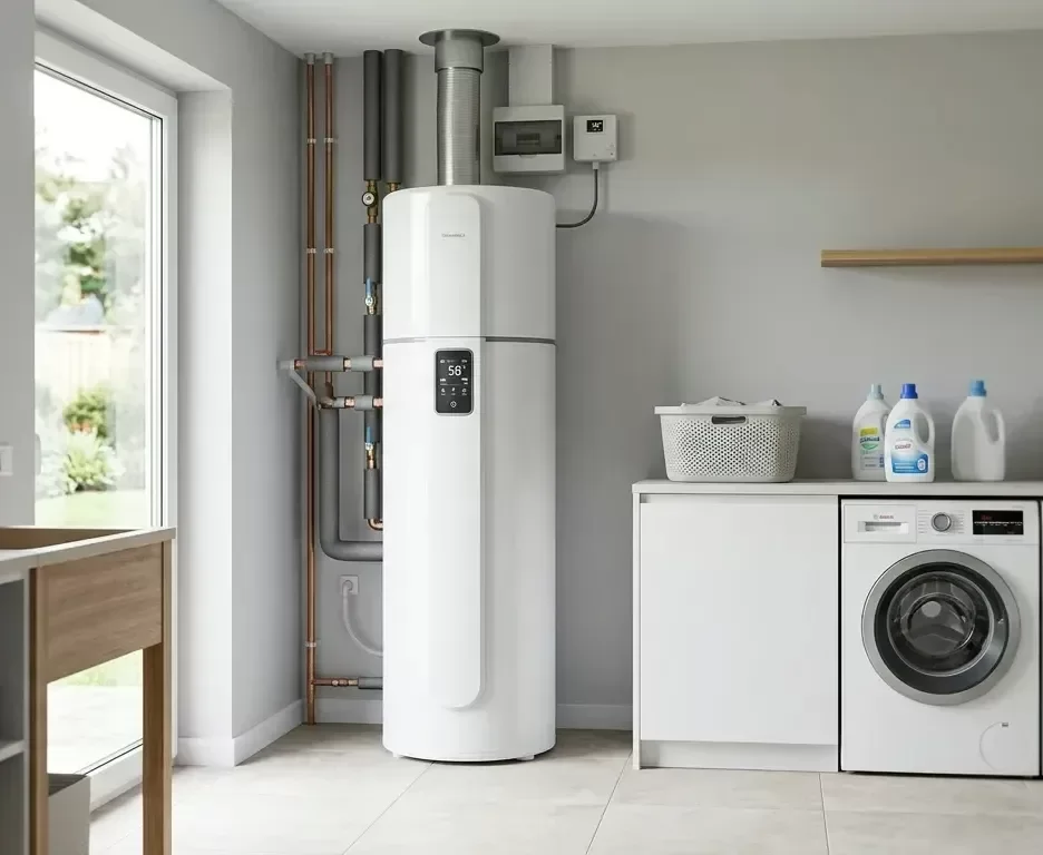 Chauffe-eau thermodynamique moderne install&eacute; dans une buanderie