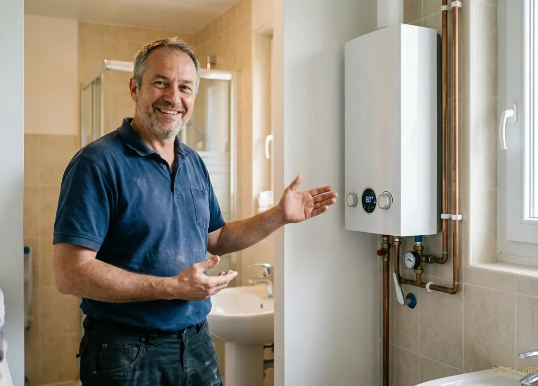 Artisan plombier conseillant sur le choix d'un chauffe-eau