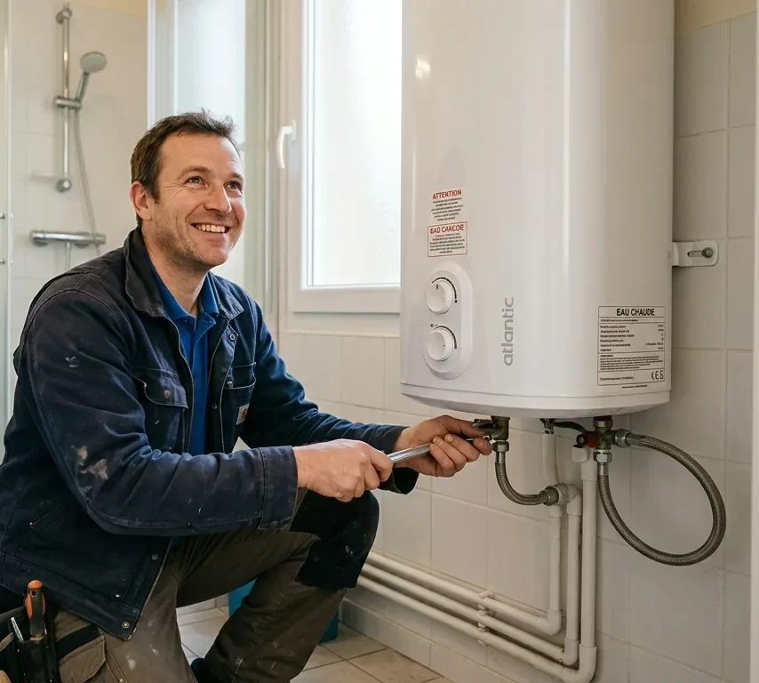 Plombier vérifiant un chauffe-eau électrique