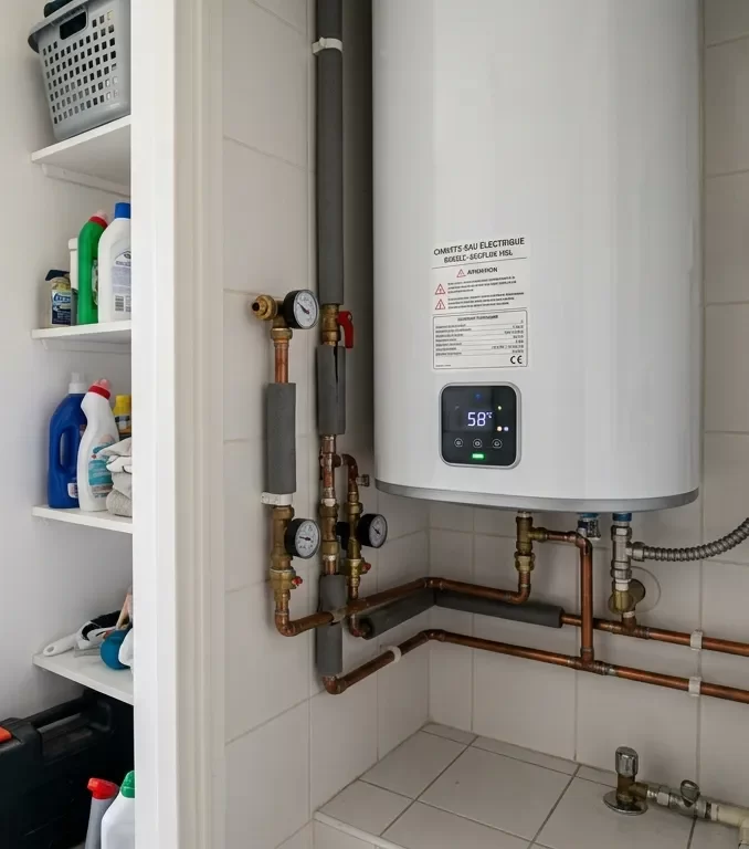 Artisan plombier montrant un chauffe-eau moderne